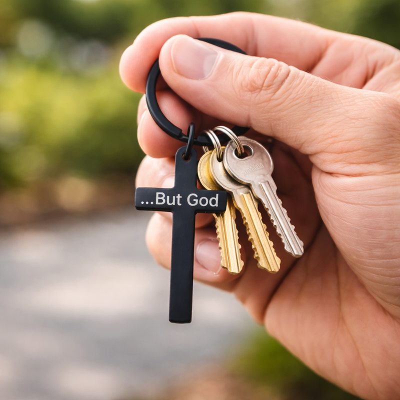 "...But God" Cross Keychain