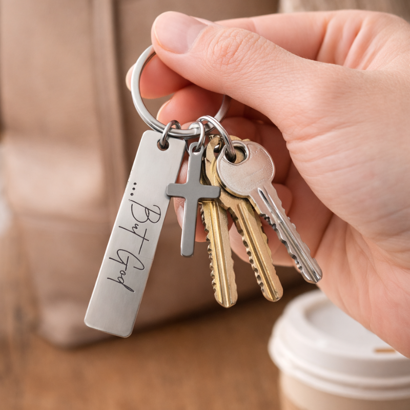 “…But God” Pendant Keychain with Cross Charm