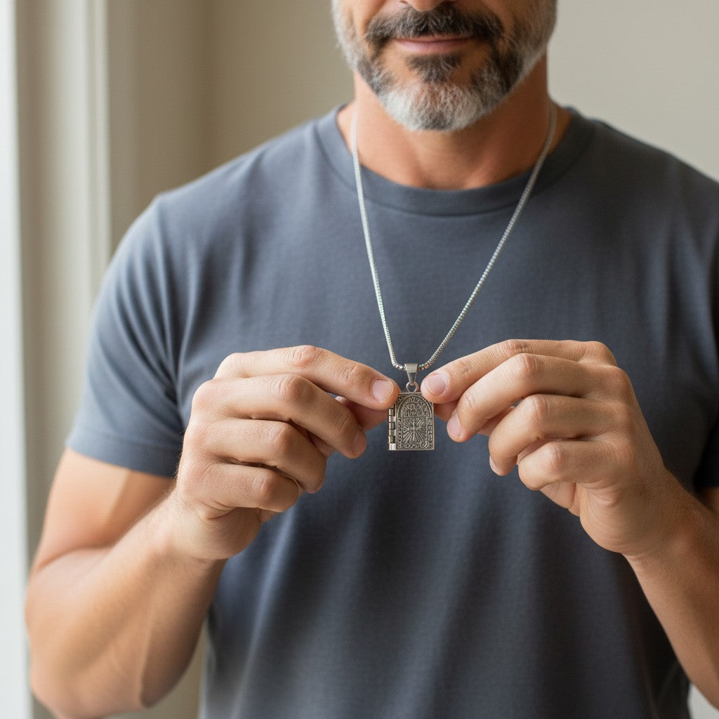 My Giving Store silver nickel alloy Bible pendant necklace with John 3:16-17 engraving and stainless steel chain.