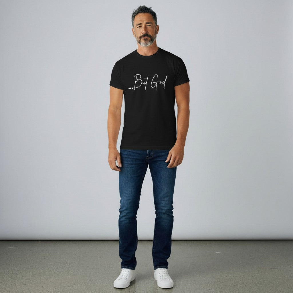 My Giving Store black 100% cotton t-shirt with white script text "...But God" on the front. Relaxed fit, crew neck.