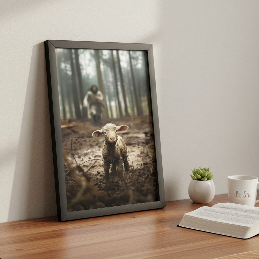 My Giving Store framed 8x10 canvas print of a muddy lamb in a forest with a figure in the background.