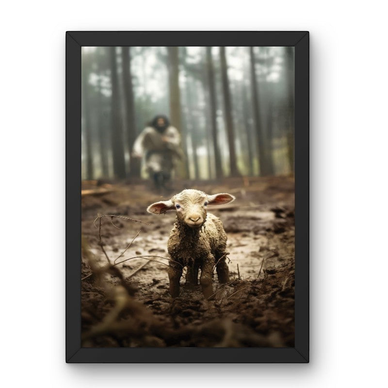 My Giving Store framed 8x10 canvas print of a muddy lamb in a forest with a figure in the background.