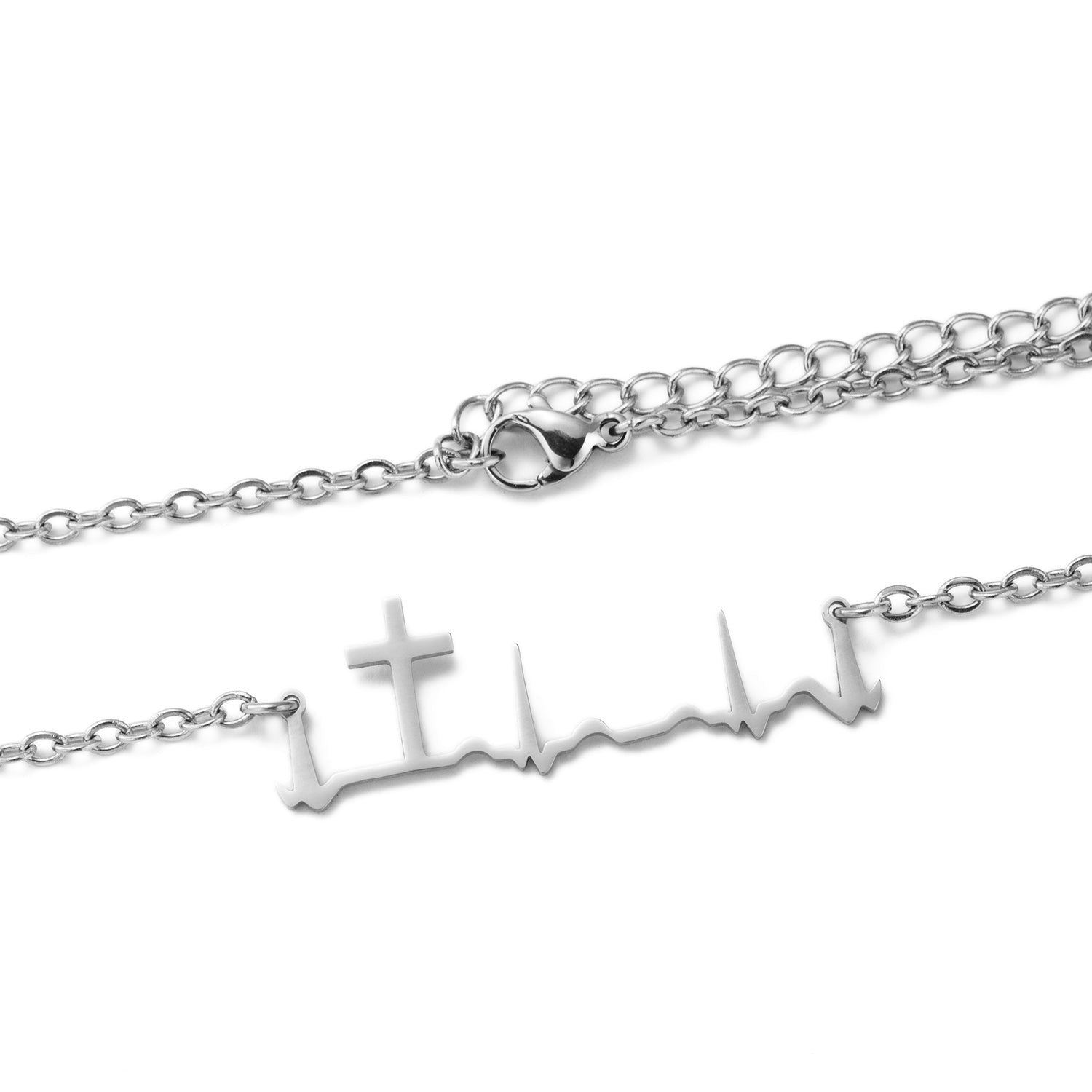 My Giving Store silver heartbeat cross necklace, minimalist design, 18-inch chain with extender.