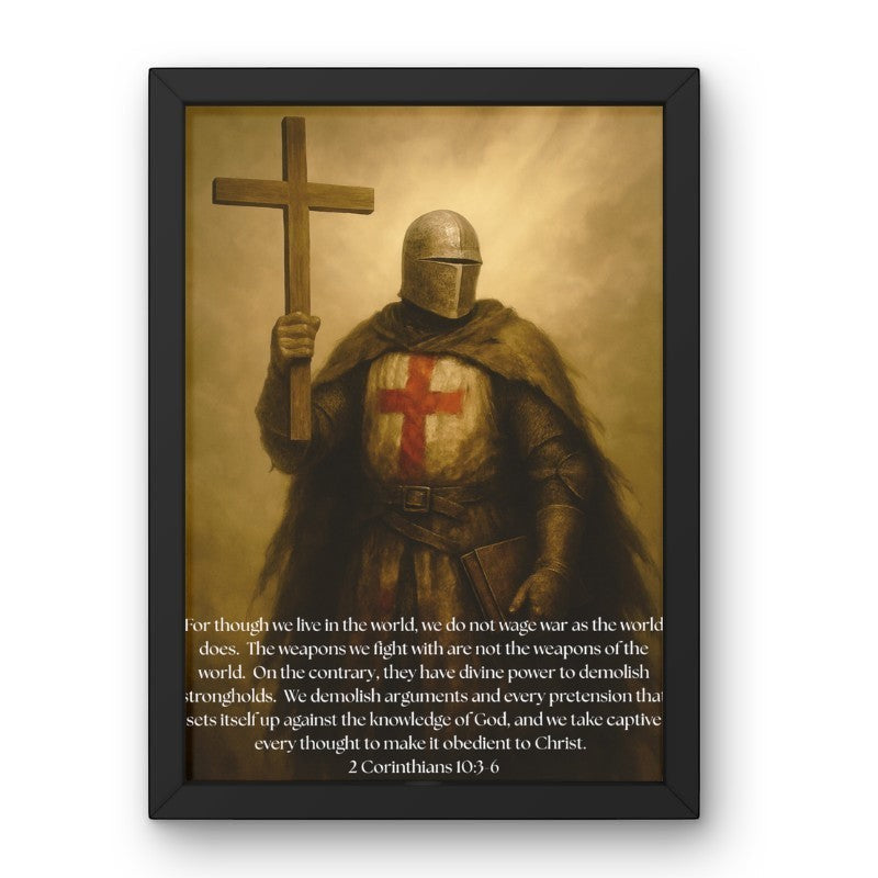 My Giving Store framed 8x10 canvas print of a knight in armor holding a cross, with scripture from 2 Corinthians 10:3-6.
