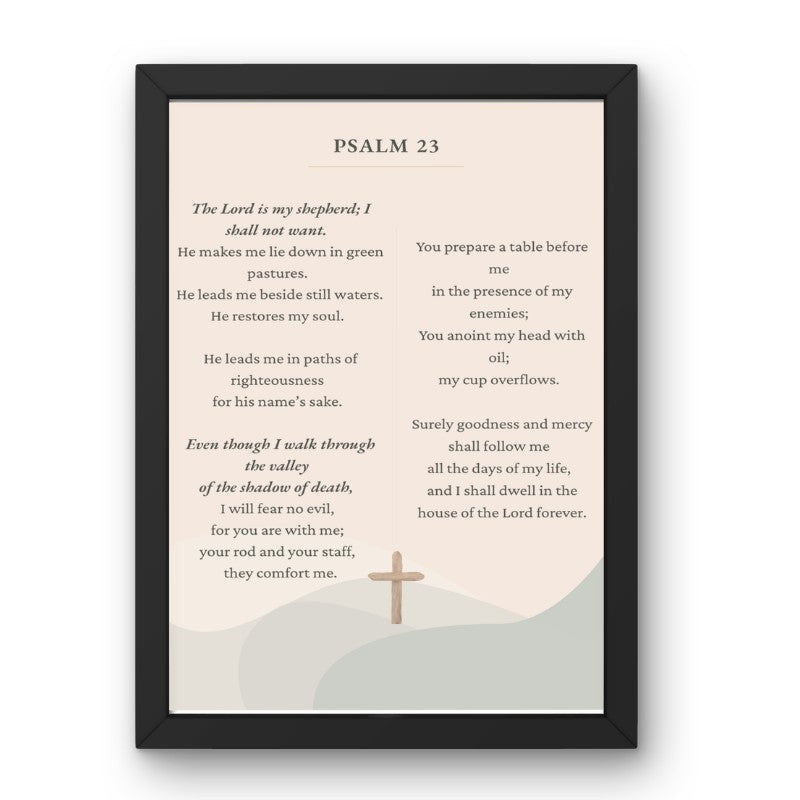 My Giving Store Psalm 23 framed canvas print, featuring scripture text and a wooden cross graphic. 8x10 inches.