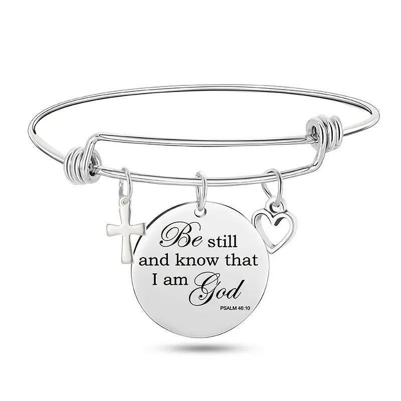My Giving Store silver-tone adjustable bangle bracelet with cross, heart, and Psalm 46:10 medallion.