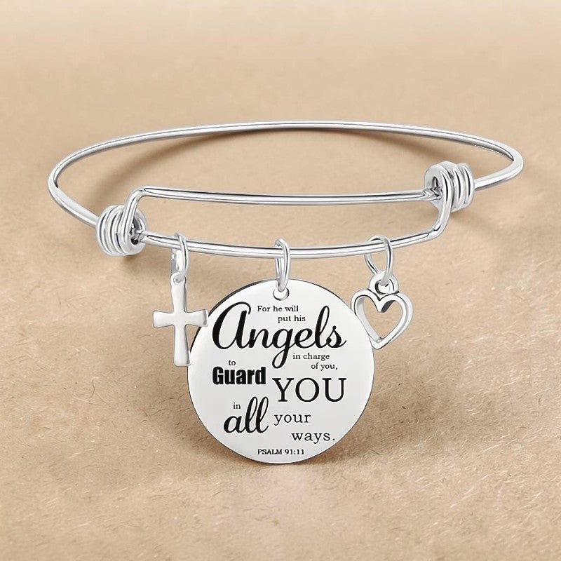 My Giving Store silver-tone adjustable bangle bracelet with cross, heart, and Psalm 91:11 angel charm.