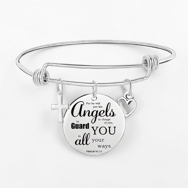 My Giving Store silver-tone adjustable bangle bracelet with cross, heart, and Psalm 91:11 angel charm.