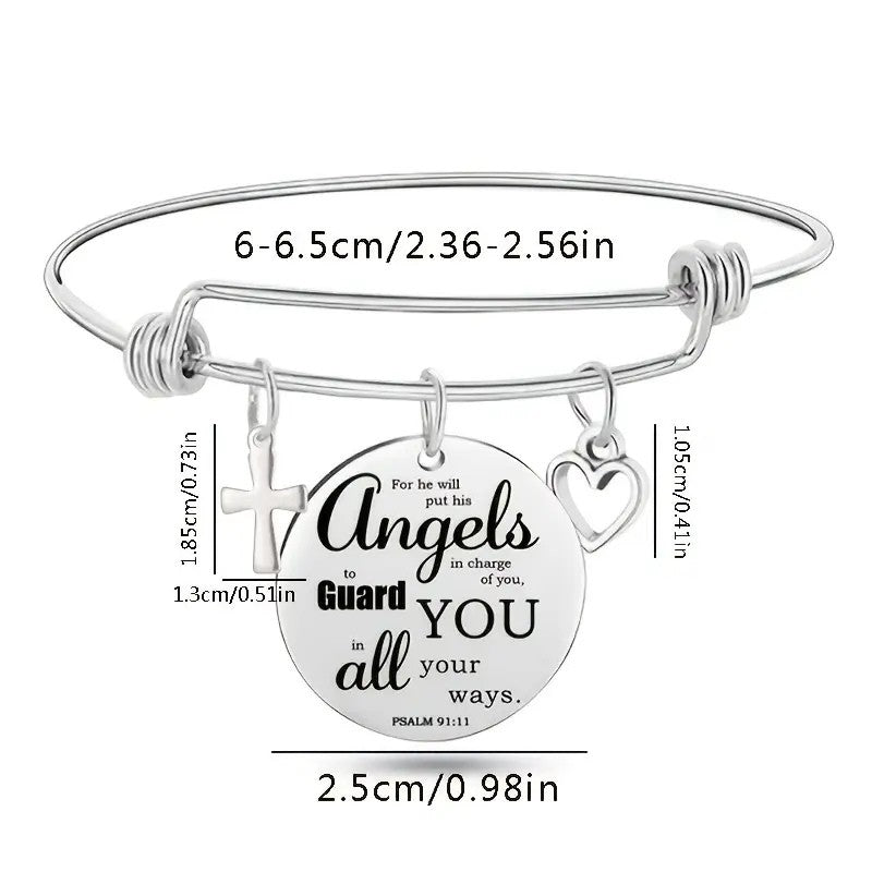 My Giving Store silver-tone adjustable bangle bracelet with cross, heart, and Psalm 91:11 angel charm.