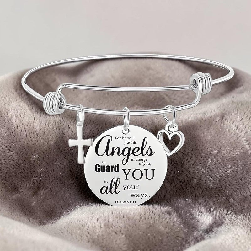 My Giving Store silver-tone adjustable bangle bracelet with cross, heart, and Psalm 91:11 angel charm.