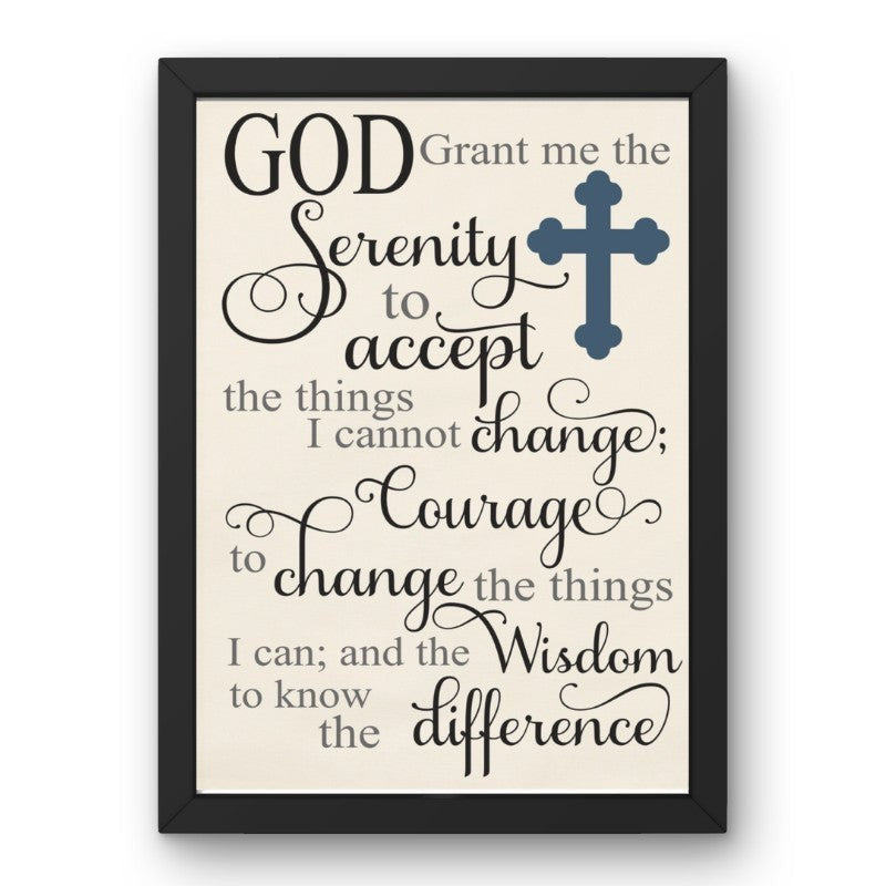 My Giving Store 8x10 framed canvas print featuring the Serenity Prayer with a blue cross accent.