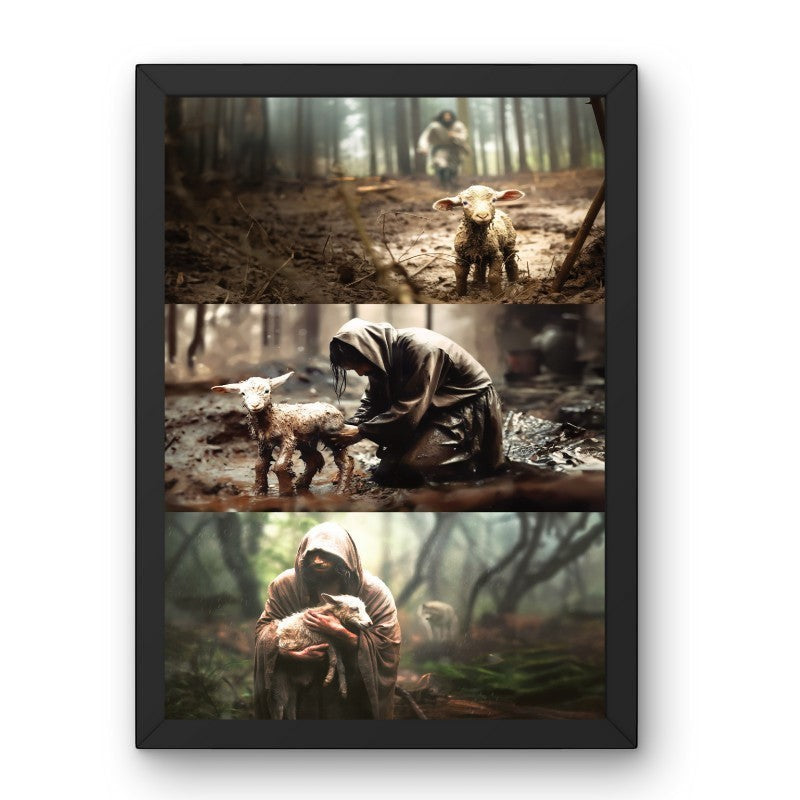 My Giving Store framed 8x10 canvas print depicting a shepherd tending to a lost lamb in a muddy forest.