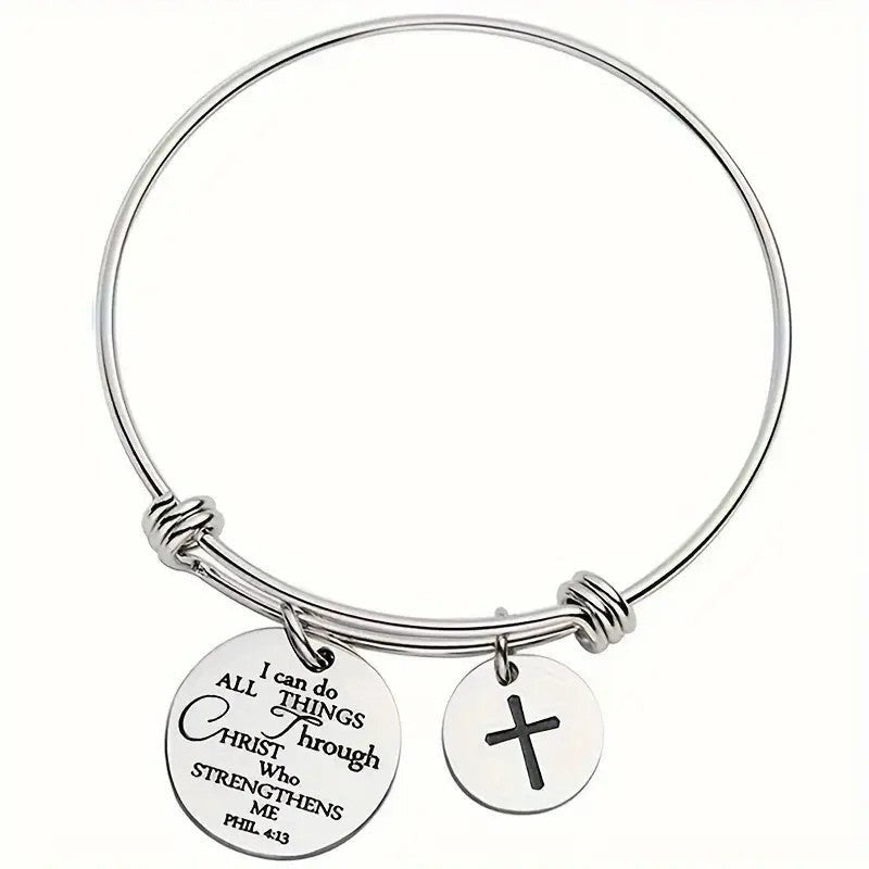 My Giving Store silver-tone adjustable bangle bracelet with a cross charm and a round charm engraved with Philippians 4:13.