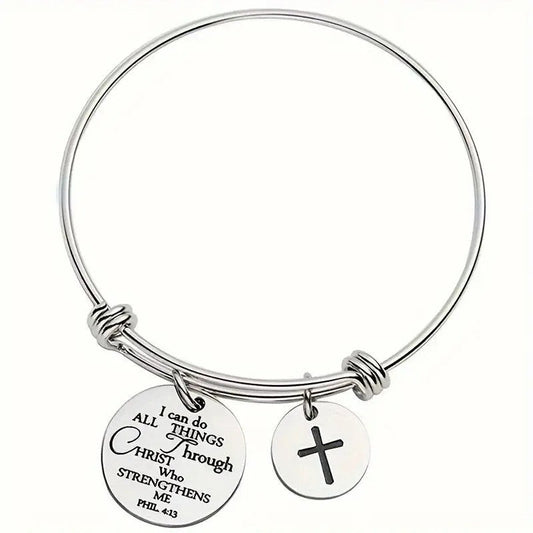 My Giving Store silver-tone adjustable bangle bracelet with a cross charm and a round charm engraved with Philippians 4:13.