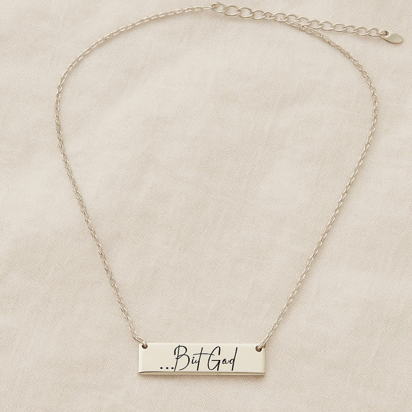 My Giving Store sterling silver bar necklace engraved with "...But God" in script font. Faith jewelry gift.