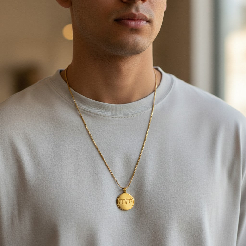 My Giving Store gold pendant necklace with engraved Hebrew script 'Yahweh' on a round polished disc.